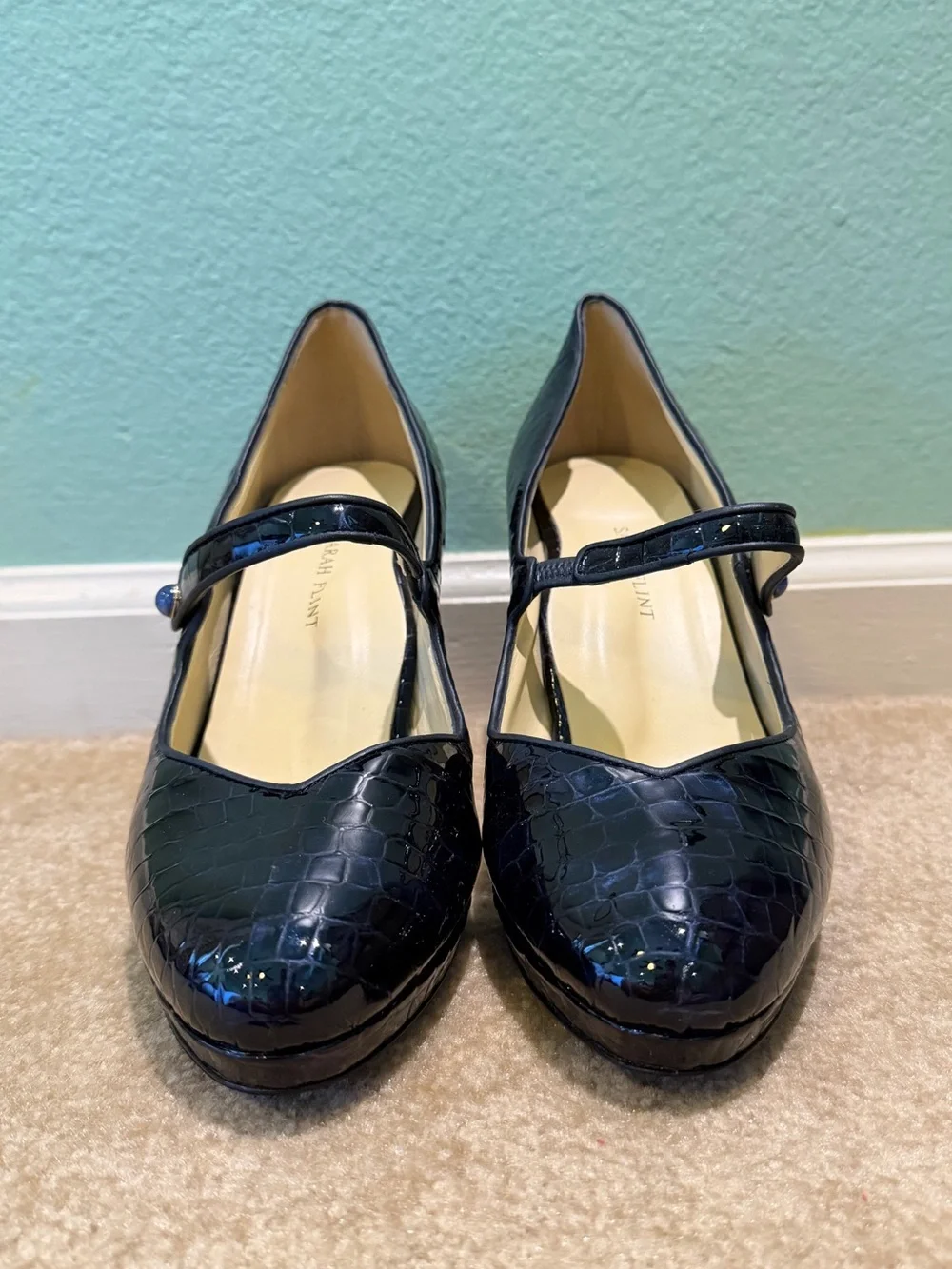 Sarah Flint Perfect Mary Jane Platform 85 Navy Patent Croc Embossed EU 42.5